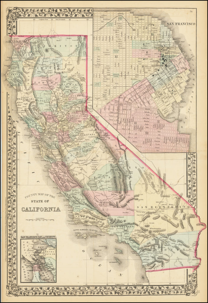 1871 California Counties Map with inset of San Francisco and Bay.