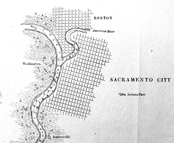Boston, Washington, Sacramento, Sutter's Fort, and Sutterville noted on 1850 chart.
