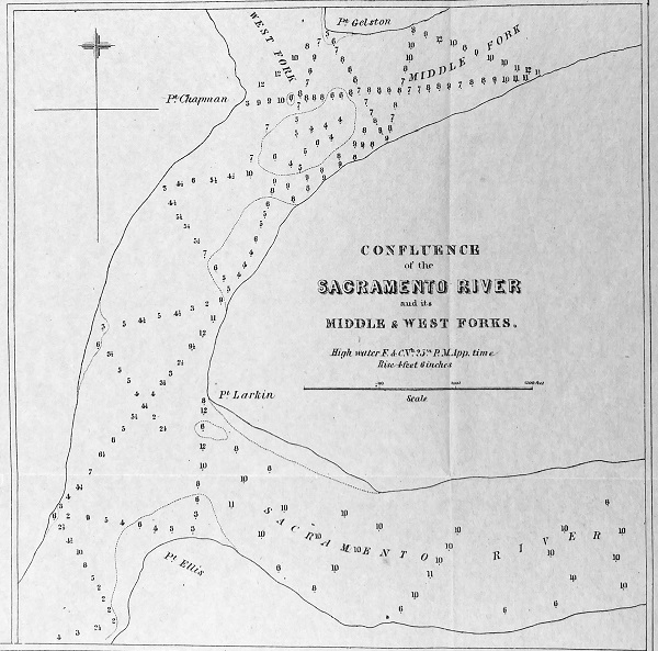 Soundings, water depth, for the confluence of the the Sacramento River with its Middle and West Forks, 1850.