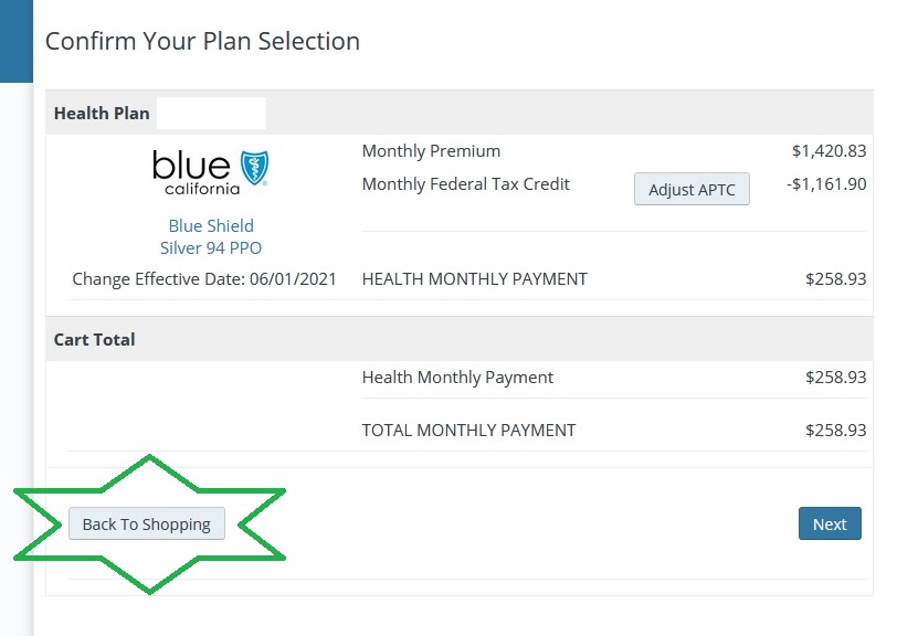 The Confirm Plan Selection page gives an option to go Back To Shopping, click that button.