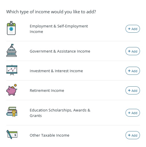 After selecting Add income, you need to select the type of income: Government & Assistance Income.