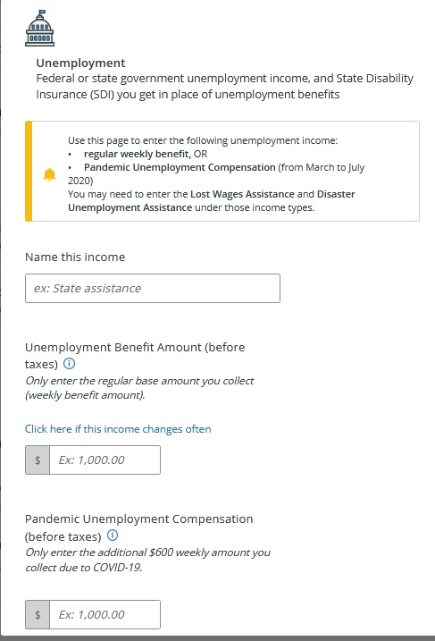 The final page allows you input the specifics of the unemployment insurance benefits.