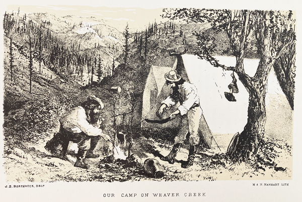 Illustration of Borthwick's camp on Weaver Creek from his book "3 Years In California."
