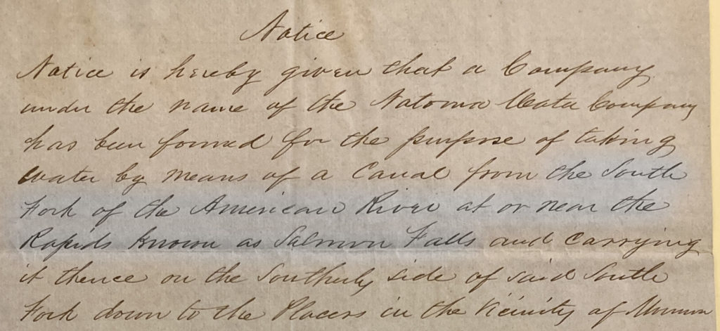 1851 Notice of the Natoma Water and Mining Company to place a dam at Salmon Falls for the water ditch. California State Library, Catlin Collection.