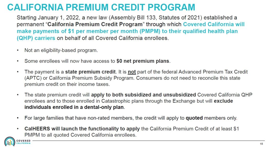2022 $1 credit per member per month for health plan enrollment through Covered California. $0 premium costs.