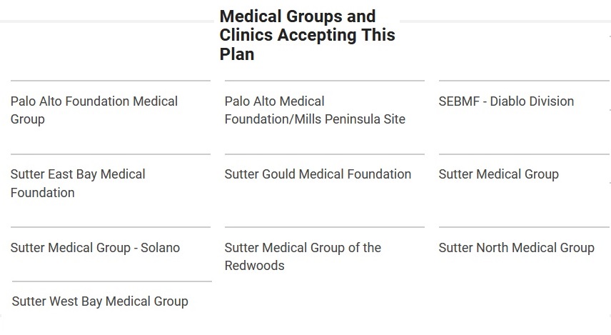 Sutter medical groups that will accept the Blue Cross EPO plans in Northern California.