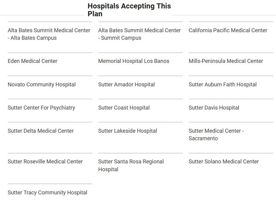 Sutter hospitals that will accept the Blue Cross EPO plans for individual families in 2022, through Covered California or direct enrollment off-exchange.