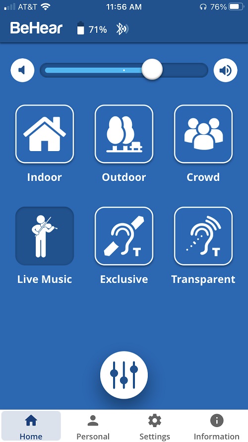 From the tassel control or the BeHear app you can change the listening modes from Inside, Outdoor, Crowd, and Live Music.