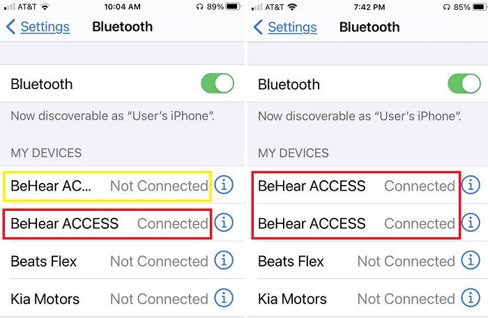 It's a little confusing, but on my iPhone and iPad there were 2 BeHear Bluetooth connections. Both needed to be connected for the system to work properly.