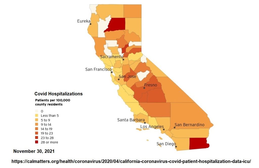 Covid hospitalizations by county in California at the end of November 2021.