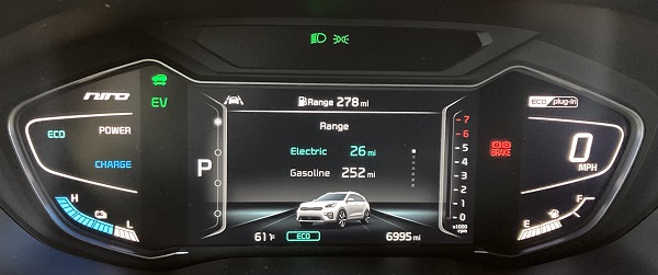 Vehicle operation dashboard showing EV and Gasoline ranges.
