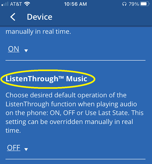 ListenThrough allows live sounds to be introduced into the speakers while listening to music. I prefer it off.