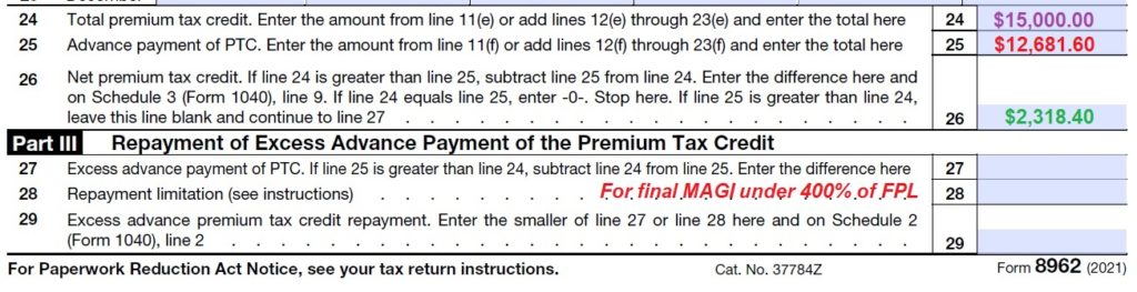 If the tax payer did not collect the higher unemployment insurance subsidy benefit during the year, they can claim the additional credit on form 8962. Note, if excess subsidy must be repaid, there are repayment limitation for incomes under 400% of FPL. Incomes over 400% are now eligible for subsidy to make the second lowest cost Silver plan no more than 8.5% of their income.