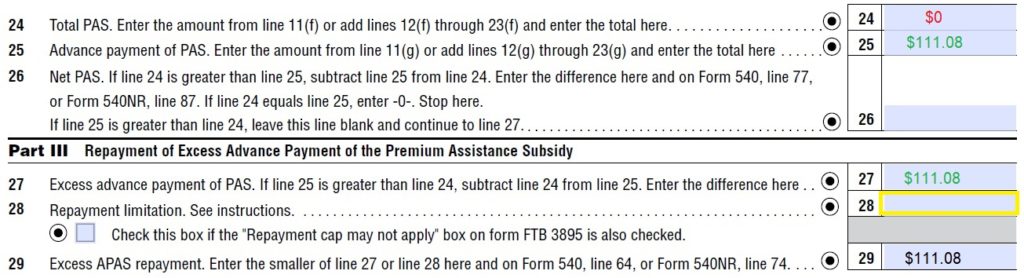Households who received $111.08 in California Premium assistance subsidy must be repaid as reconciled on form FTB 3849.