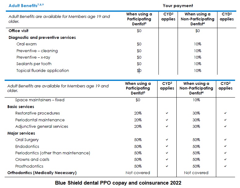 Sample dental PPO basic copay and coinsurance.