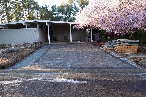 New paver driveway after final wash of the polymeric sand.
