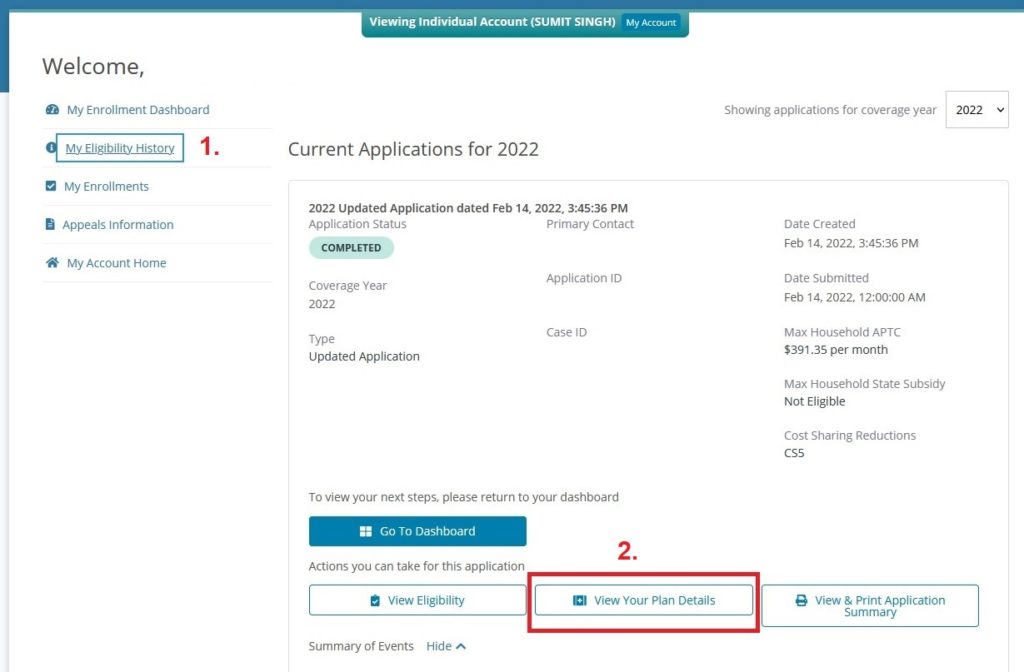 Clicking on the Covered California My Eligibility History link will give you the View Plan Details page option.