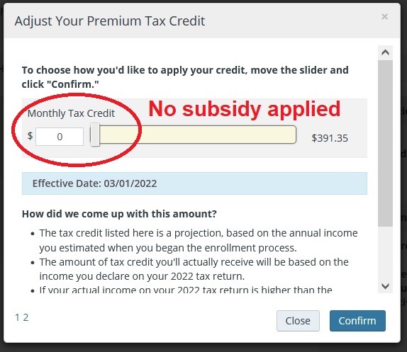Slide the control to the amount of APTC subsidy you want applied to your Covered California health plan enrollment.