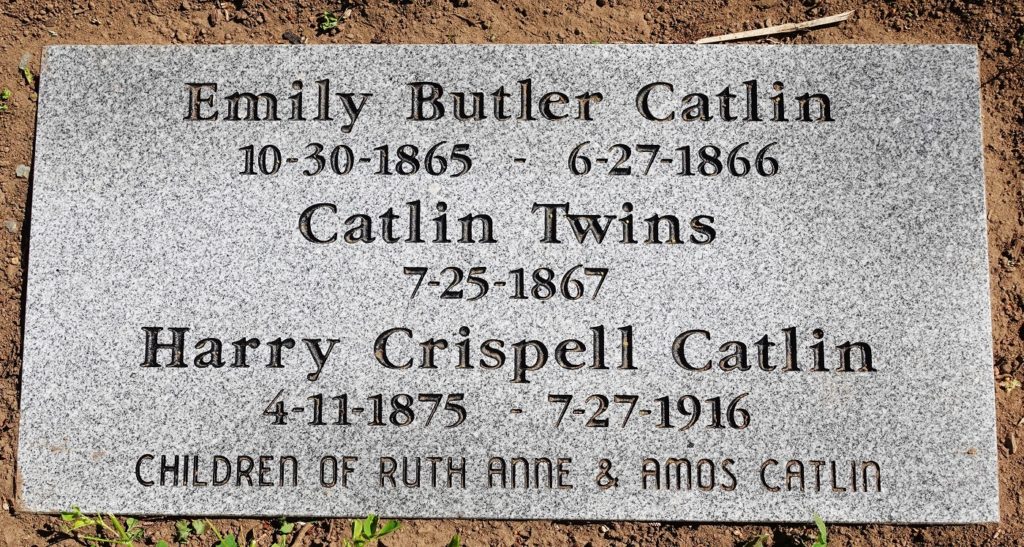 The grave marker for the children of Ruth Anne and Amos Catlin: Emily, Twins, Harry, that I bought to properly memorialize Amos Catlin's children buried with him.