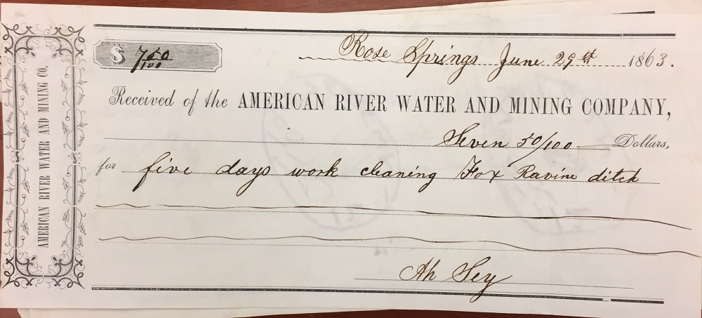 Labor receipt for Ah Sey, Rose Springs, June 29th, 1863.