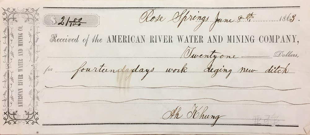 1863, June 8, payment to Ah Khung for 14 days work digging a new water ditch in Rose Springs district.