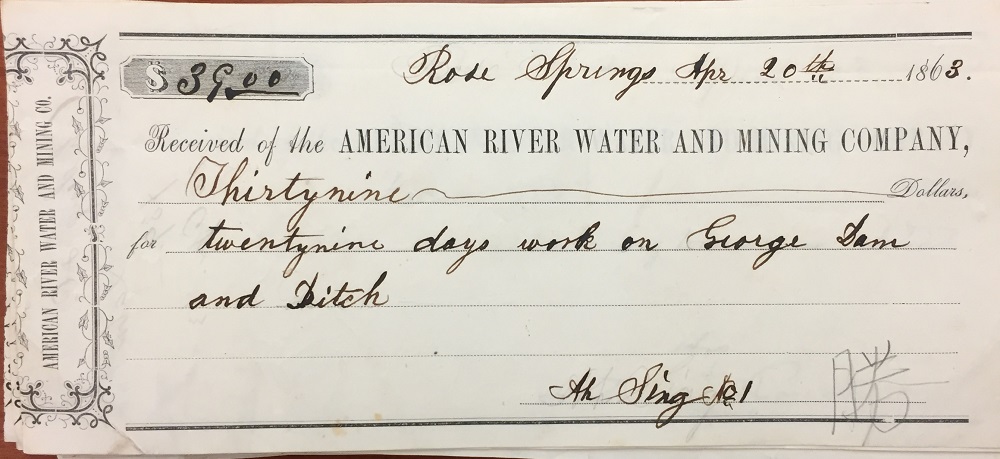 1863, April 20, payment to Ah Sing No. 1, with Chinese characters, $39 for 29 days of work on the George dam and ditch.