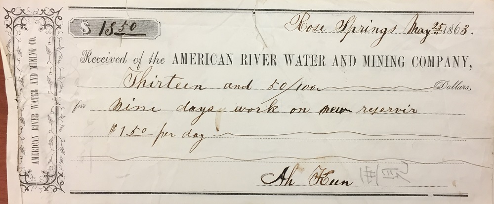 1863, May 25, payment to Ah Keen, with Chinese characters written in pencil, for $13.50 for 9 days work on a new reservoir.