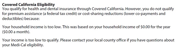 The consumer was notified after the unauthorized Medi-Cal review that their application had no income and they were not eligible for any health insurance subsidies.