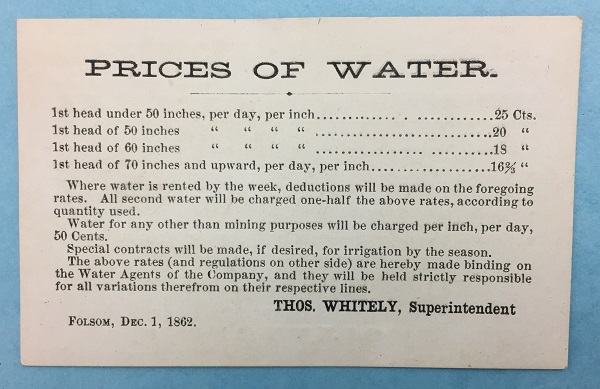 1862 water rates for North Fork Ditch water to miners and for irrigation.