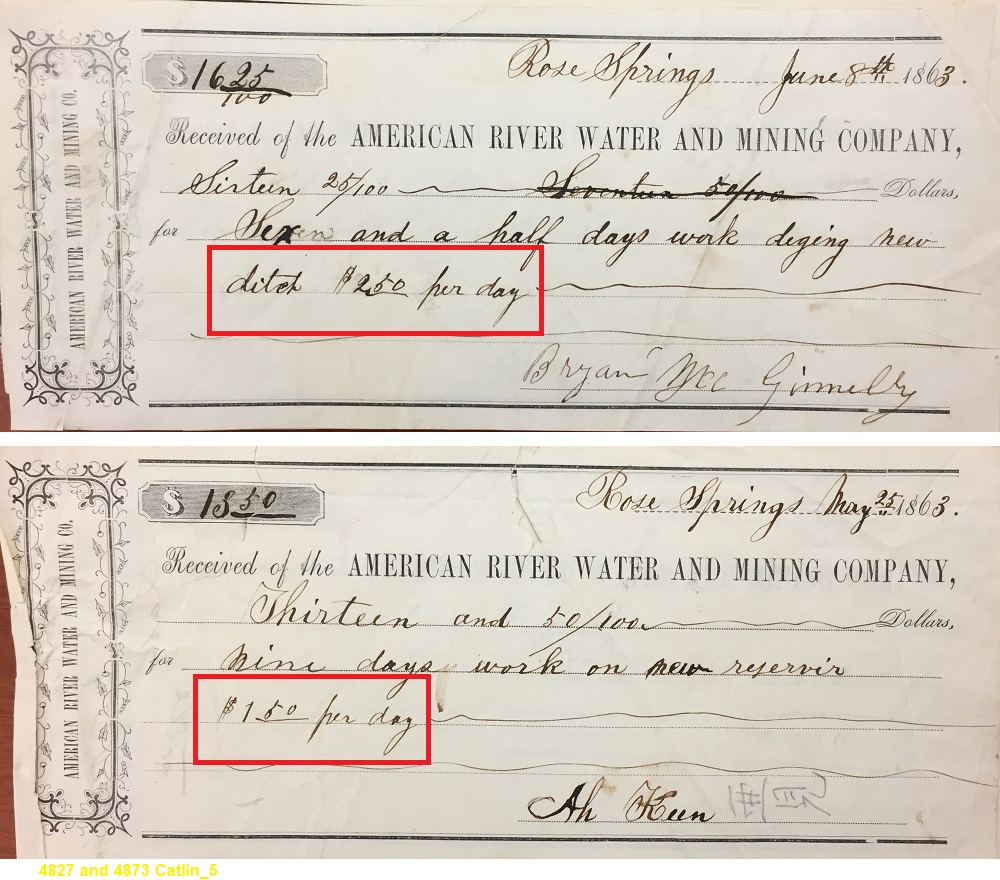 Two payment receipts for white and Chinese labor. Bryan McGrimely, was paid $2.50 per day digging a new ditch. Ah Keen, Chinese miner, was paid $1.50 per day for the same work.