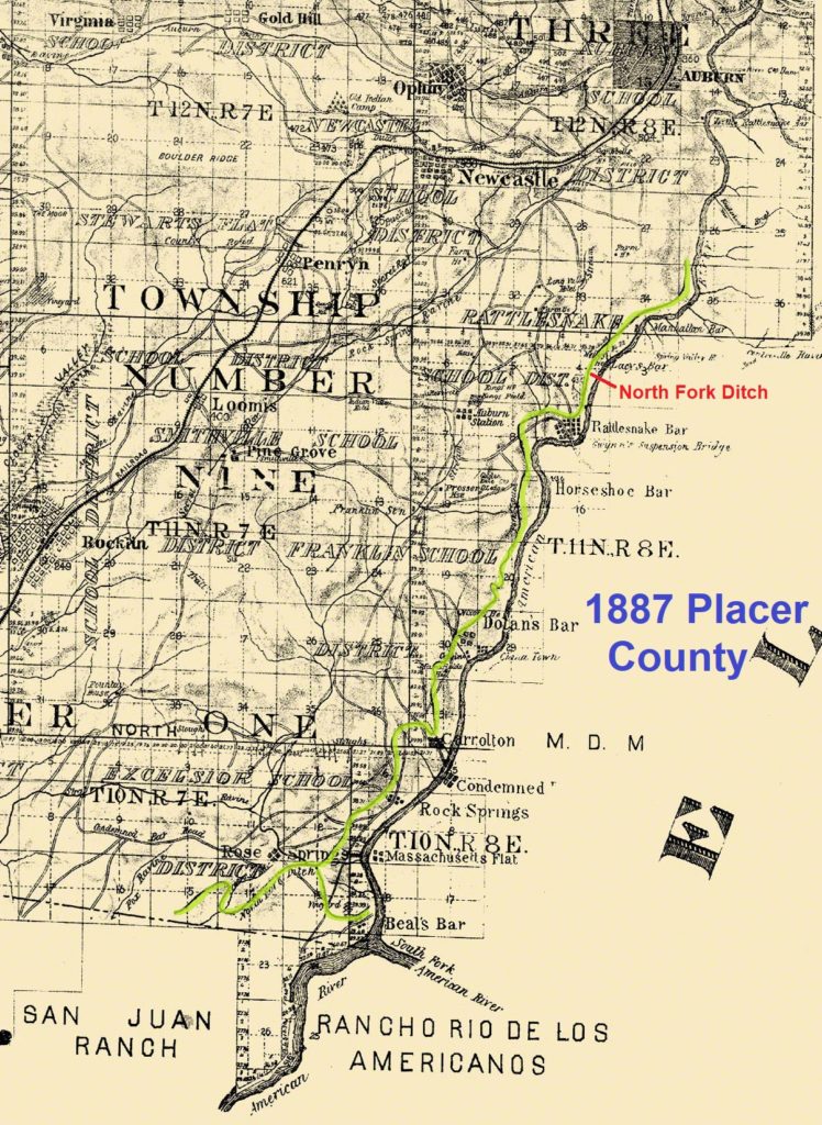 Outline of North Fork Ditch represented on an 1887 map of Placer County.