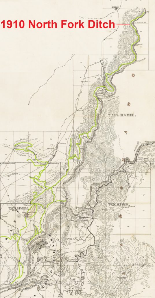 1910 map illustrating the North Fork Ditch from dam to Mississippi Bar.