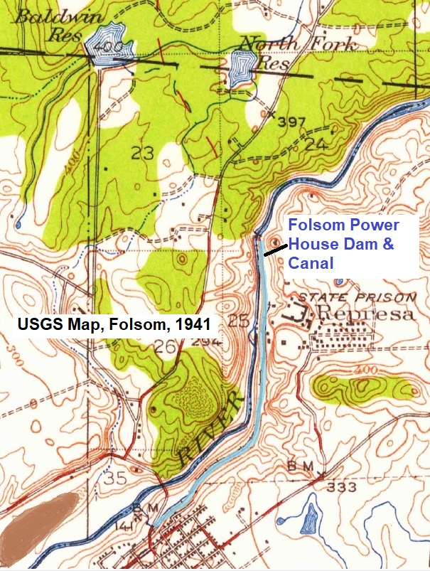 1941 USGS map showing dam on the American River of the Sacramento Electric, Gas and Railway Co. next to Folsom Prison and the 2.5 mile canal down to the Folsom Powerhouse.