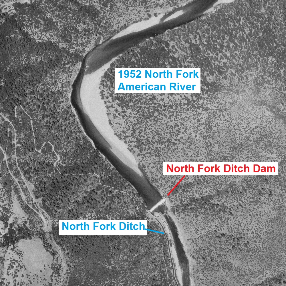 1952 aerial photograph showing the Birdsall dam of the North Fork Ditch on the North Fork of the American River. The dam site was in front of the proposed Auburn Dam.
