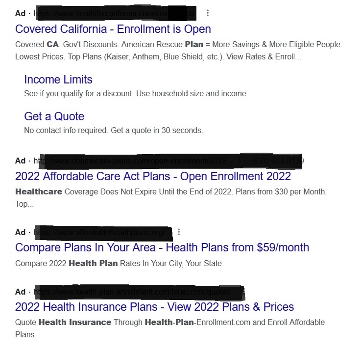 Top 4 listings on a search for California health insurance are NOT Covered California.