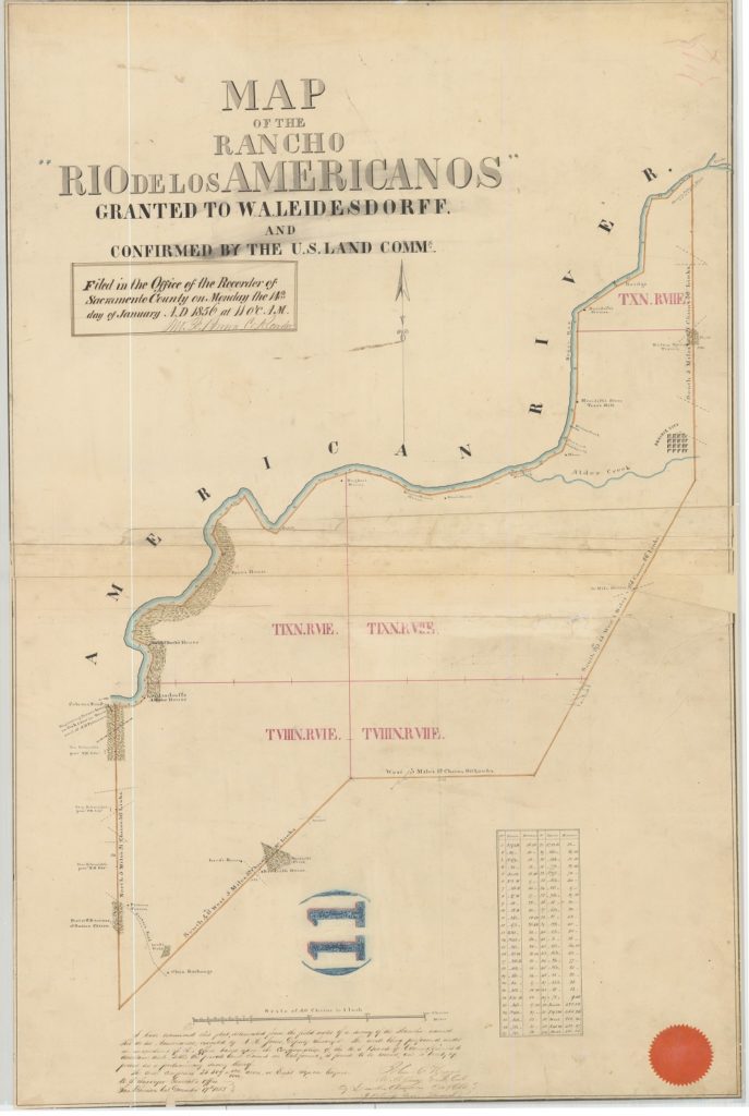 Map of the Rancho Rio de Los Americanos, 1856, John Hays survey.