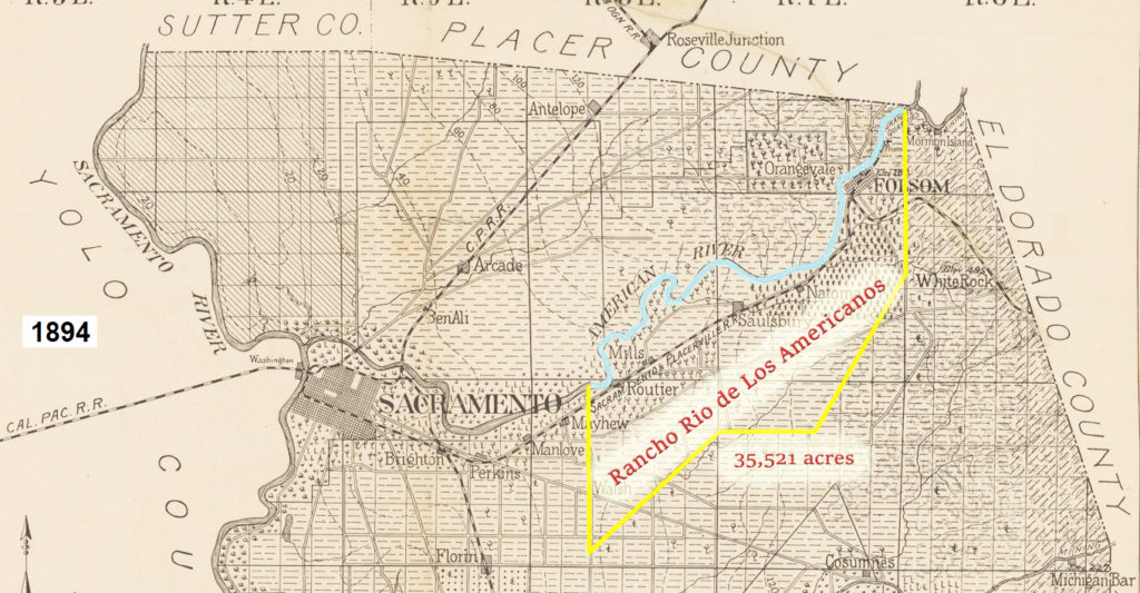 1894 Sacramento County map showing the boundaries of the Rio de Los Americanos land grant with the American River as the northern boundary.