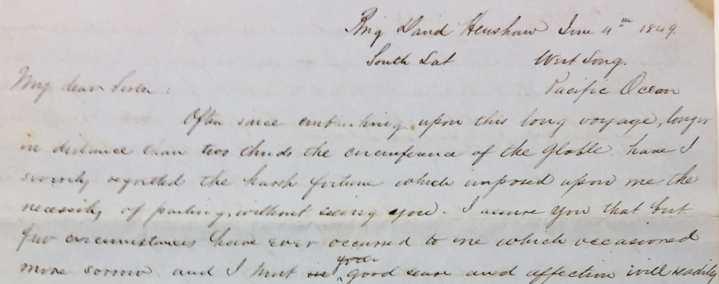 Opening of letter from Amos Catlin to his sister Jane DuBois back in New York. Amos describes the harrowing voyage around Cape Horn and the dress of women in Valparaiso.