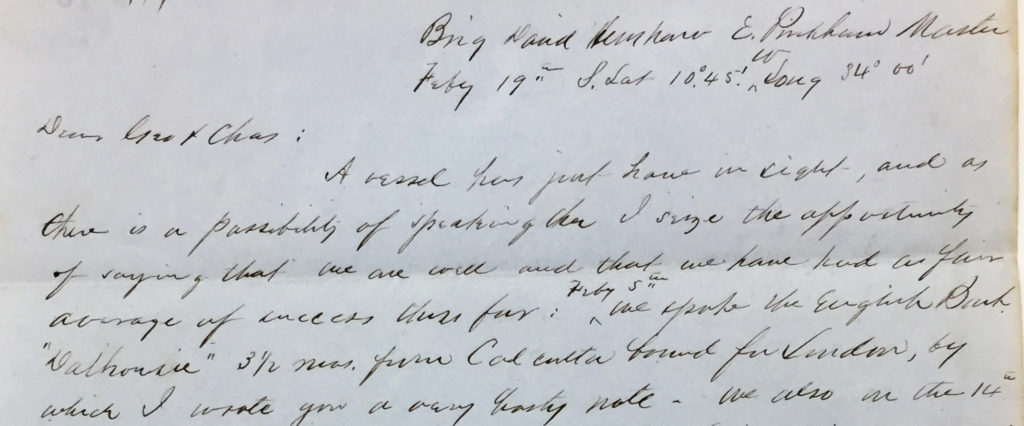 Beginning of letter from Amos Catlin to George and Charles Catlin in 1849, written at sea in route to California. Amos notes the longitude and latitude of several locations.