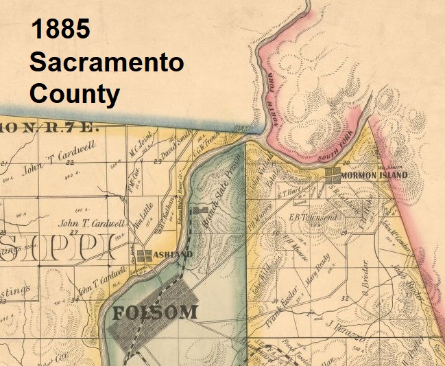 1885 Sacramento County map showing the relative position of Mormon Island to Folsom.
