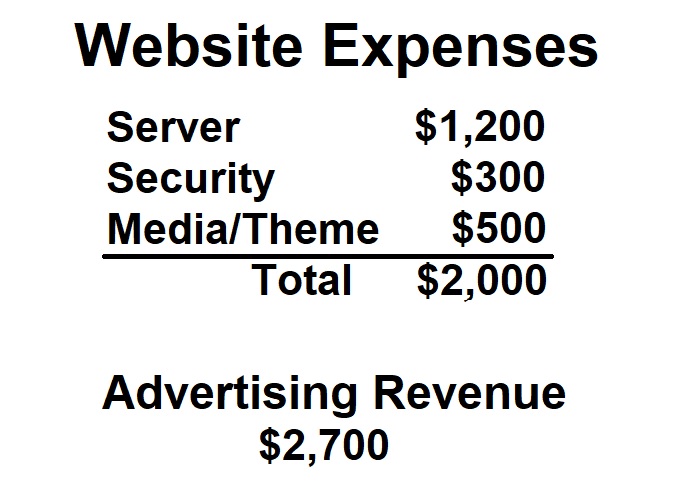 Website annual operating expenses are approximately $2,000, excluding time to write the content and maintain the site. Advertising revenue from Google Adsense averages $2,700 per year.