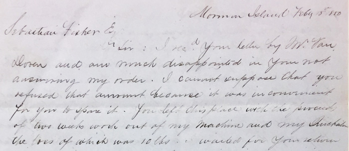 Letter from Amos Catlin to Sebastian Visher, dated February 15, 1850, Mormon Island.