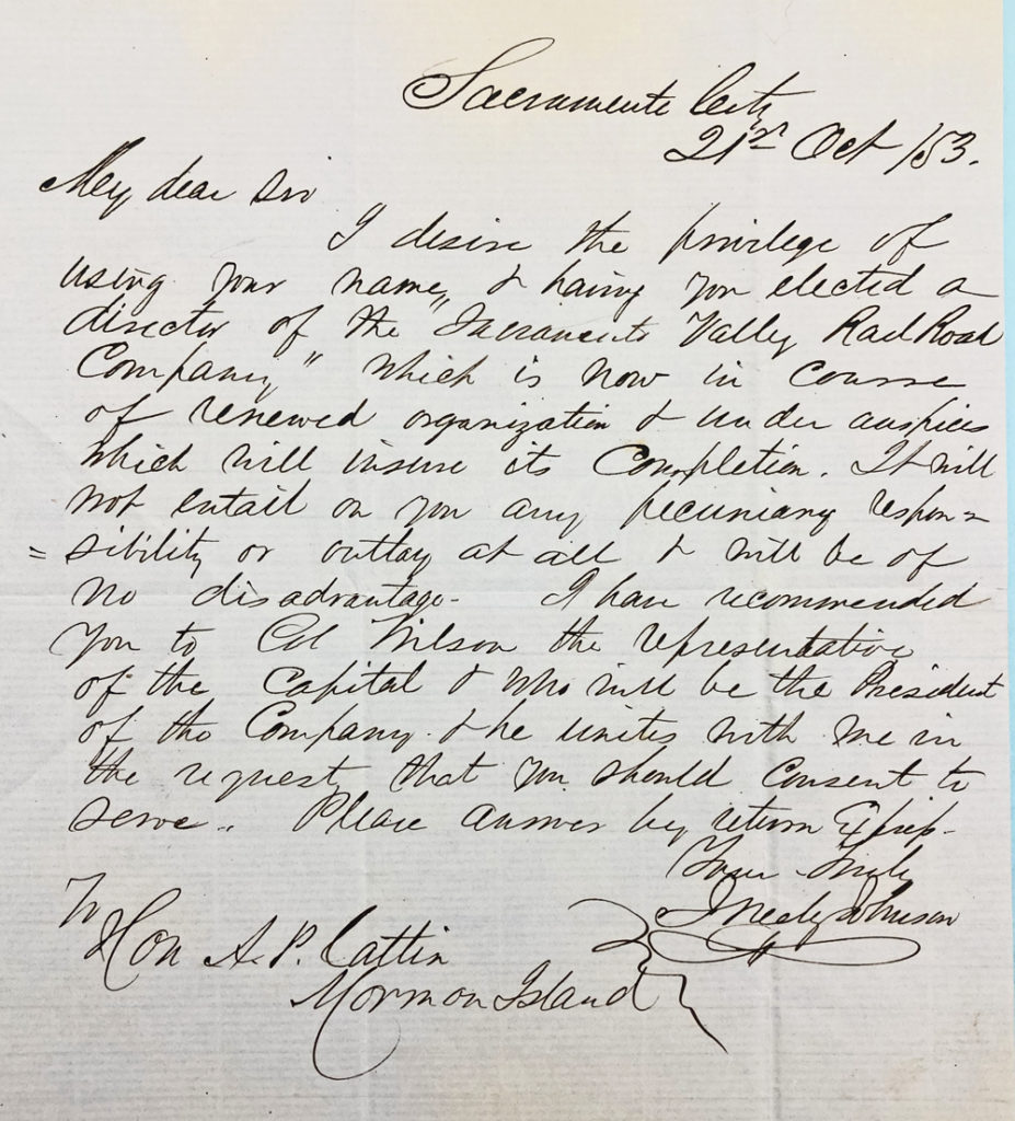 J. Neely Johnson letter to Amos Catlin in October of 1853 inviting Catlin to become a director on the Sacramento Valley Railroad board.
