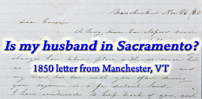 1850 letter requesting help of Amos Catlin in finding a lost husband on his way to Sacramento.