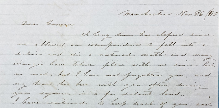 Ann Vaughan writes Amos Catlin in November 1850 to learn if he can locate her husband Dr. John M. Vaughan.