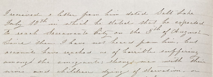 Ann Vaughan informs Amos Catlin that her husband was in Salt Lake City on July 10th and hoped to make it to Sacramento by August, 1850.