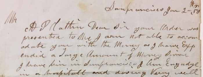 Sebastian Visher letter to Amos Catlin, dated January 2, 1850, San Francisco.