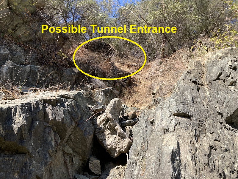You can see the large chunk of concrete support and ditch that has fallen and lodged in a slate crevice. From maps and descriptions, this looks like the best place for the North Fork Ditch to be located. Unfortunately, I could not reach the spot to investigate it further.