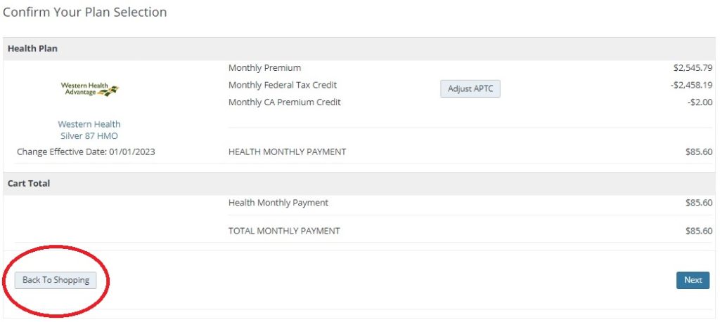 After selecting who to shop for, a health plan confirmation page will appear. Click on Back to Shopping to review your plan options for the next year.
