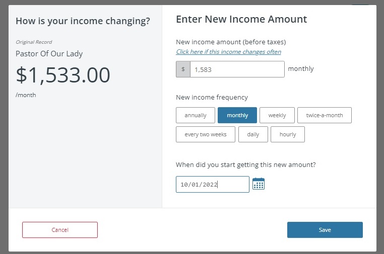 A popup window allows you to enter the new income amount and the date it started.